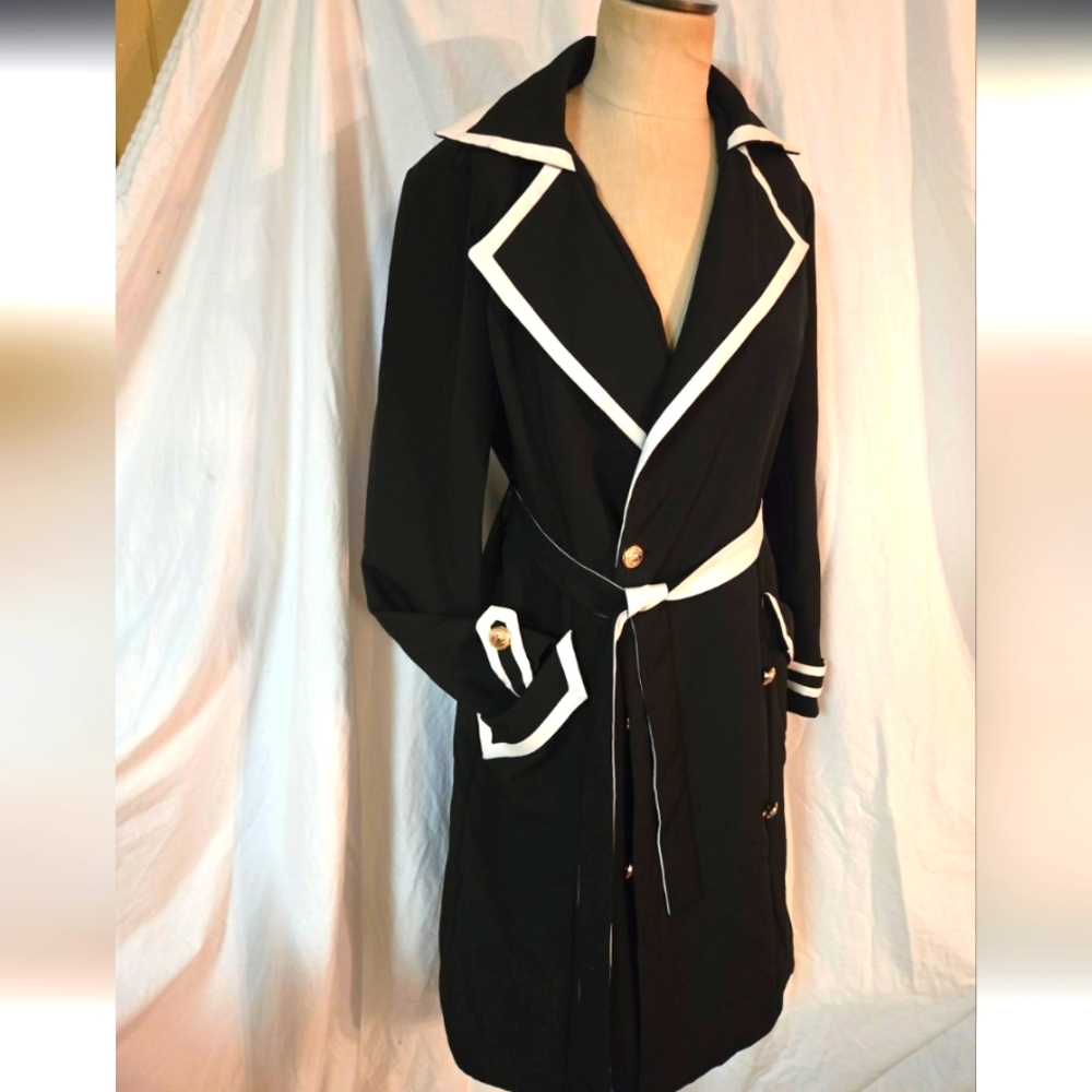 Black Trench Coat Dresswith White Trim